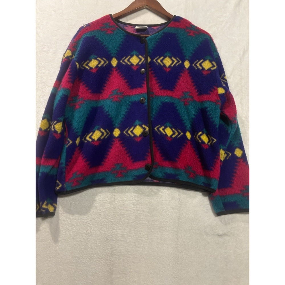 VINTAGE 80s 90s David Wayne Fleece Southwest Aztec Sweater Jacket Cardigan Med‎